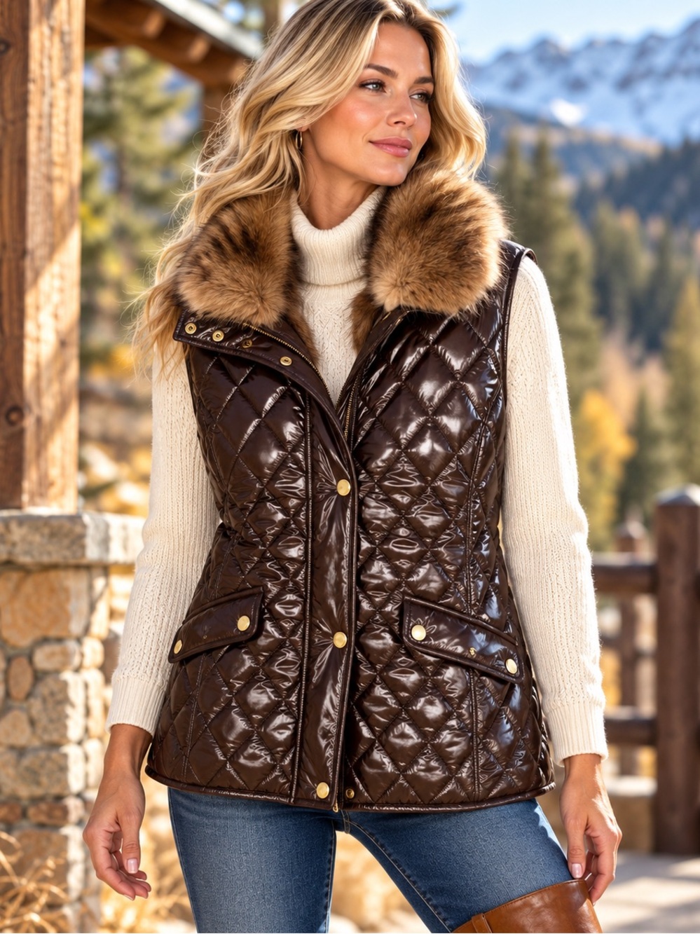 Talbots Brown High Sheen Quilted Vest Faux Fur Removable Collar L NEW $149